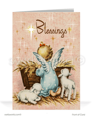 Send holiday cheer with a vintage 1950s Christmas card featuring a kitschy angel and baby Jesus in a pastel watercolor manger scene. Perfect retro holiday charm!