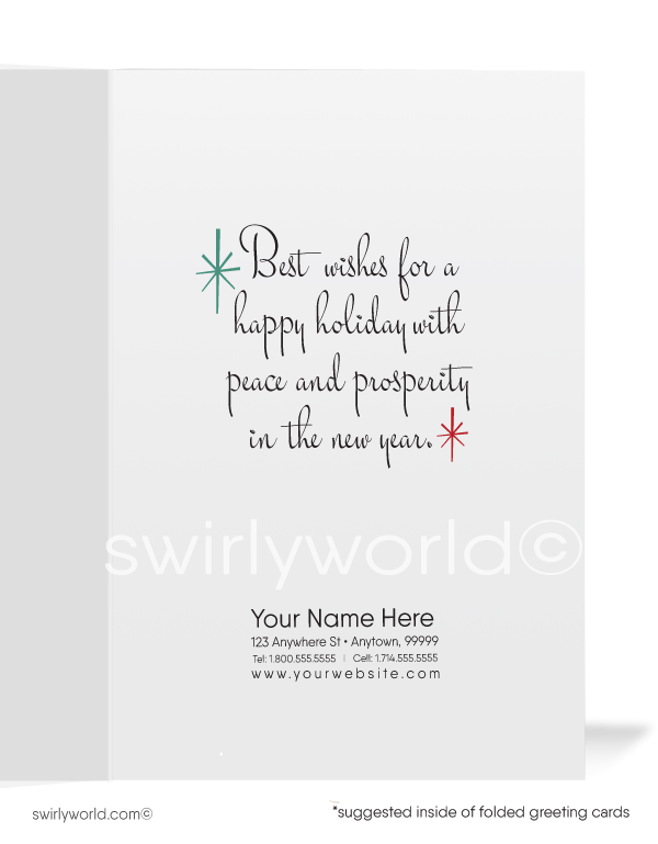 Retro 1960s atomic mid-century modern Christmas tree with starbursts holiday card design. 