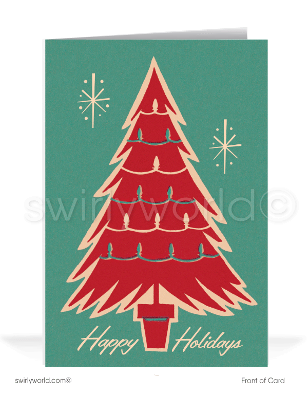 Retro 1960s atomic mid-century modern Christmas tree with starbursts holiday card design. 