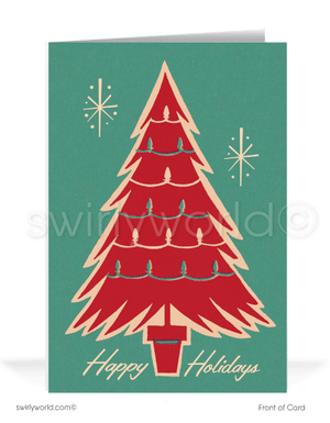 Retro 1960s atomic mid-century modern Christmas tree with starbursts holiday card design. 