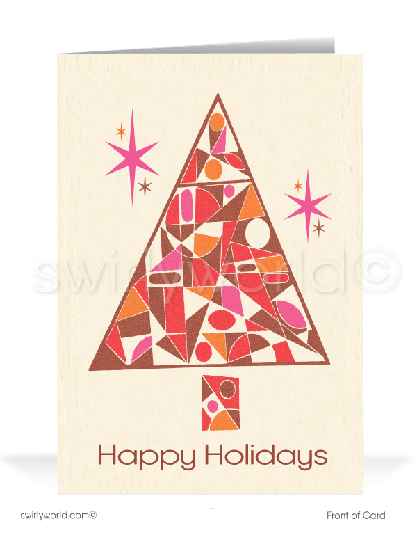 1960s atomic mid-century modern abstract geometric Christmas tree with starbursts vintage printed holiday cards.
