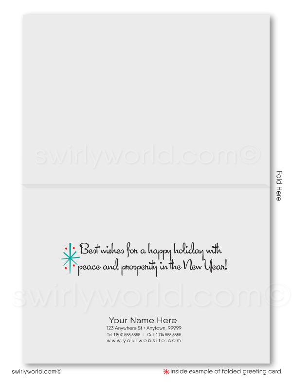 Swirly World Christmas Cards - Step back in time with our exclusive Atomic Era holiday card, featuring a striking teal backdrop, holly leaves, and “Holiday Greetings” in mid-century typography. Customizable and crafted on premium cardstock, these cards bring nostalgic elegance to your holiday messages this season.