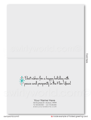 Customizable 1960s Mid-Century Modern Holiday Card with Teal Backdrop, Holly Leaves, and Retro Starbursts