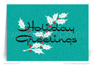 Swirly World Christmas Cards - Step back in time with our exclusive Atomic Era holiday card, featuring a striking teal backdrop, holly leaves, and “Holiday Greetings” in mid-century typography. Customizable and crafted on premium cardstock, these cards bring nostalgic elegance to your holiday messages this season.