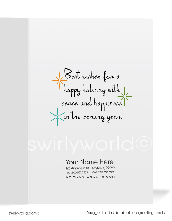 Mid-century modern geometric ornament shapes with starbursts MCM 1960s Christmas printed holiday cards.