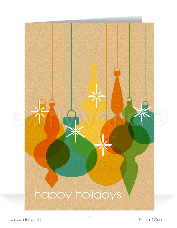 Mid-century modern geometric ornament shapes with starbursts MCM 1960s Christmas printed holiday cards.