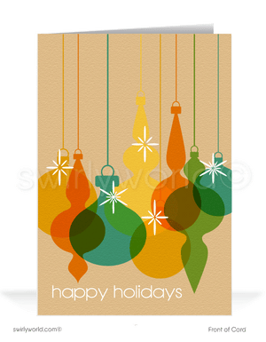Mid-century modern geometric ornament shapes with starbursts MCM 1960s Christmas printed holiday cards.