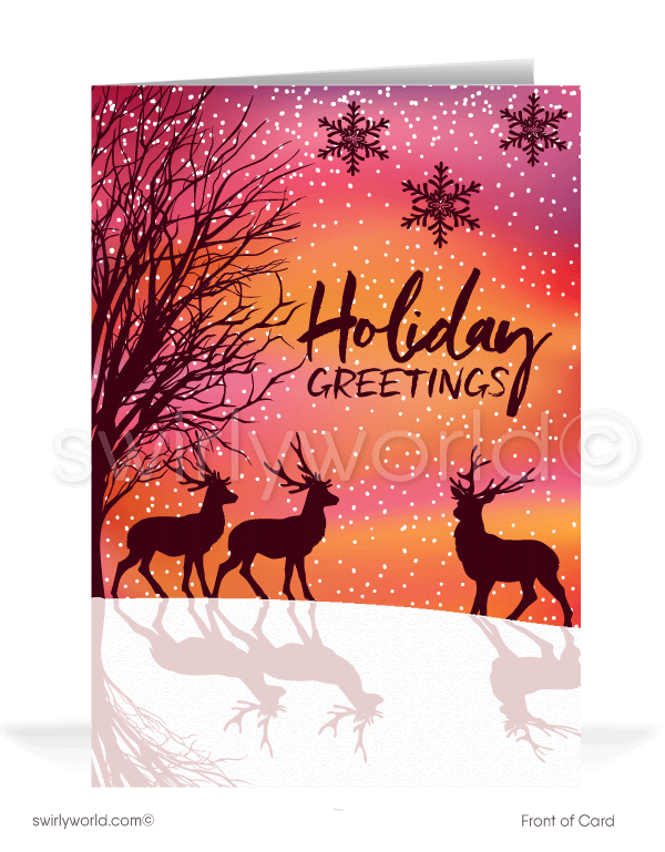 Peaceful Winter Snow Reindeers Traditional Season's Greetings Happy Holiday Cards