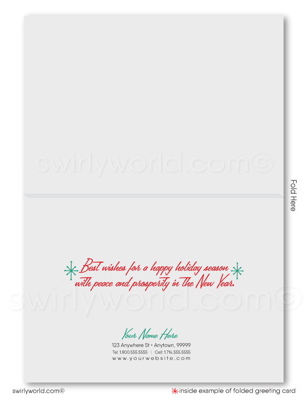 Retro Atomic Mid-Centtury Modern Vintage Style Christmas Holiday Greeting Cards. 1950's station wagon with Christmas tree strapped on top of car