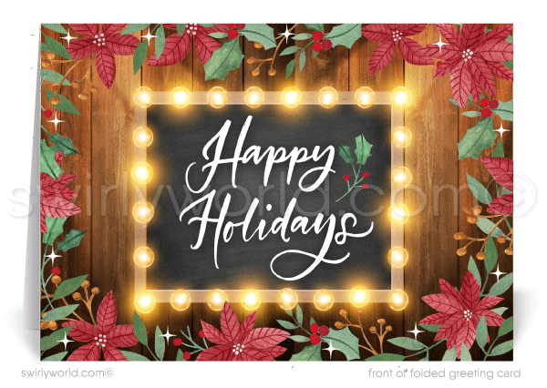 Rustic Wooden Poinsettia Happy Holidays Christmas Cards for Business Customers.