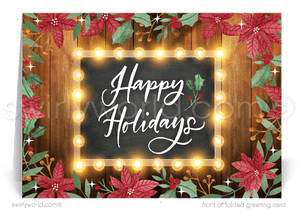 Rustic Wooden Poinsettia Happy Holidays Christmas Cards for Business Customers.