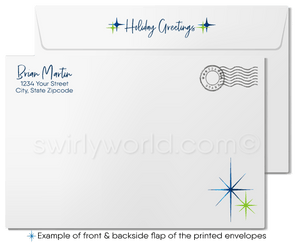 Contemporary Blue Retro Modern Tree Forest Holiday Greeting Cards