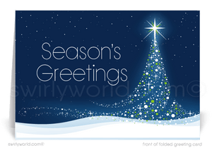 Contemporary Blue Modern Christmas Tree Forest Business Holiday Greeting Cards.