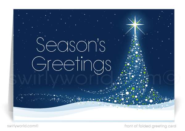 Contemporary Blue Modern Christmas Tree Forest Business Holiday Greeting Cards.