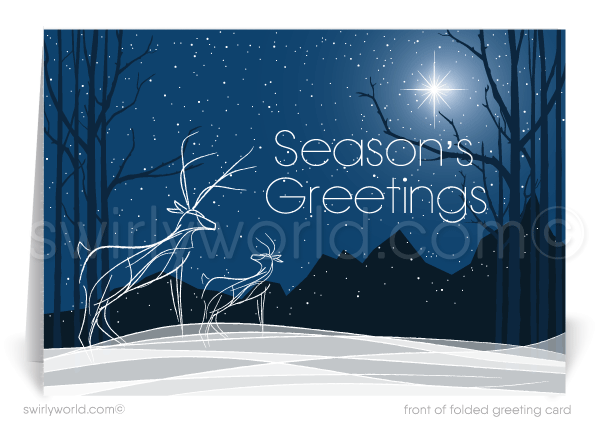 Contemporary Blue Modern Serene Reindeer in Forest Holiday Greeting Cards