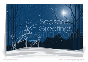 Contemporary Blue Modern Serene Reindeer in Forest Holiday Greeting Cards