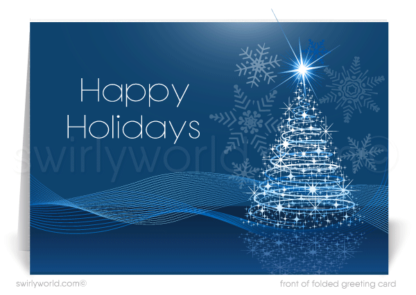 Contemporary Blue Modern Serene Tree Holiday Greeting Cards.