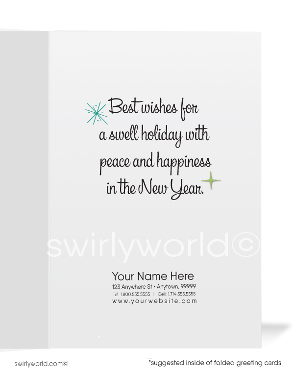 1960s style retro atomic mid-century modern Christmas tree printed MCM holiday cards.