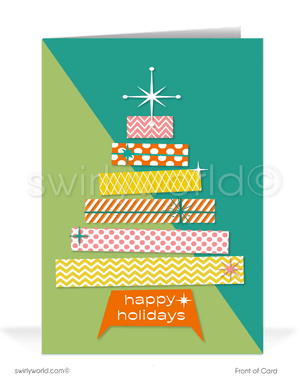 1960s style retro atomic mid-century modern Christmas tree printed MCM holiday cards.