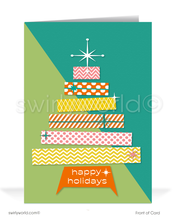 1960s style retro atomic mid-century modern Christmas tree printed MCM holiday cards.