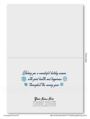 Retro Modern Blue Business Christmas Holiday Greeting Cards for Customers