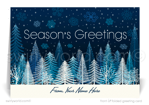 Retro Modern Blue Business Christmas Holiday Greeting Cards for Customers