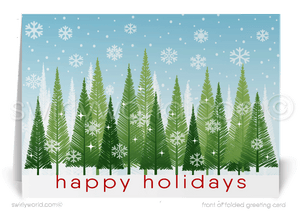 Traditional Retro Style Christmas Tree Forest Season's Greetings Holiday Cards for Business.