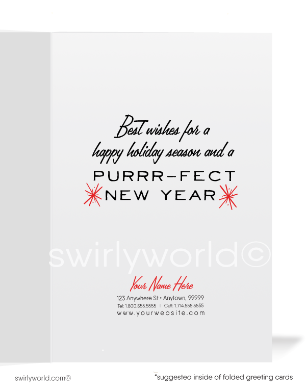 1950s mid-century atomic retro-modern kitschy "Meowy Christmas" vintage style holiday cards.