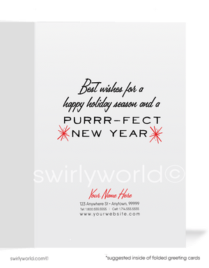 Vintage "Meowy Christmas" Card with Kitty in Santa's Sleigh, Mid-Century Modern Atomic Style