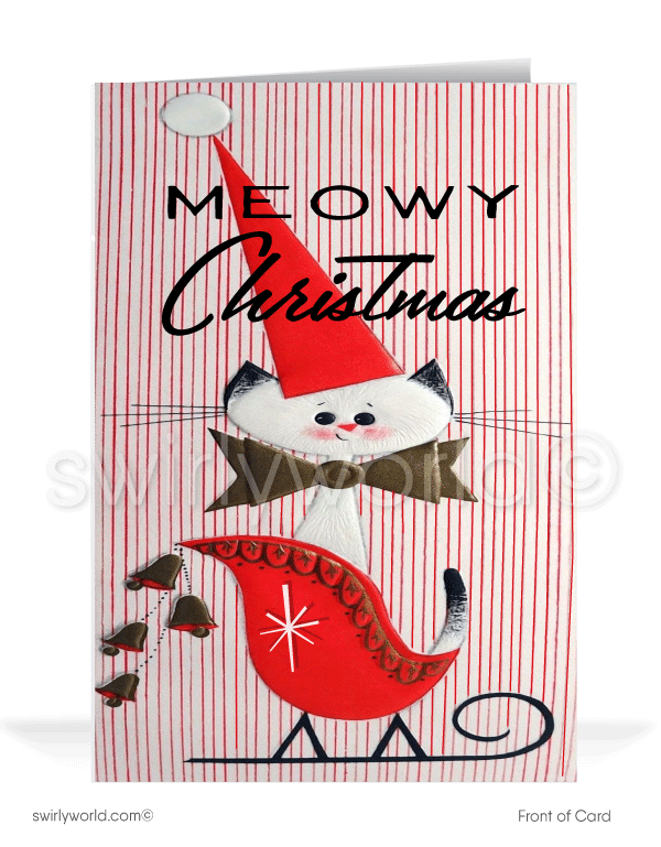 1950s mid-century atomic retro-modern kitschy "Meowy Christmas" vintage style holiday cards.