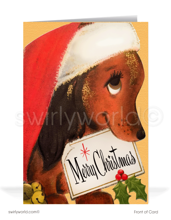 1950s Mid-Century Modern Retro Wiener Dog Merry Christmas Vintage Holiday Cards. Cute mid-century modern kitsch weiner dog vintage retro Merry Christmas printed holiday cards.