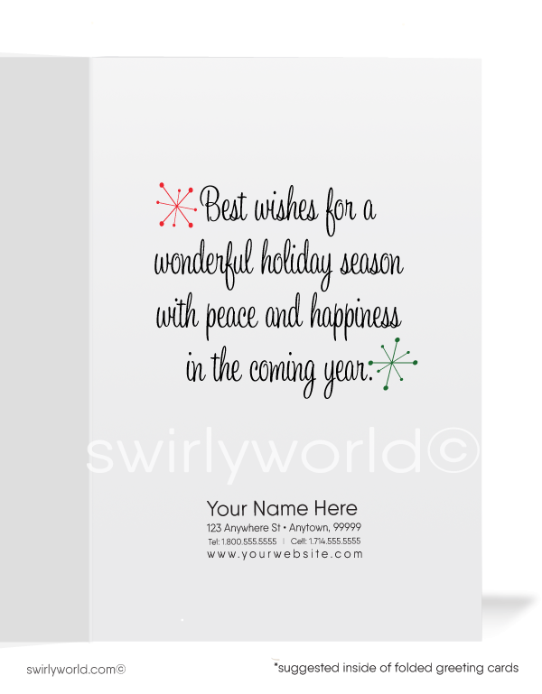 1950's style atomic mid-century modern vintage retro Merry Christmas cards. 1950s style atomic mid-century kitsch vintage retro dog Merry Christmas cards.