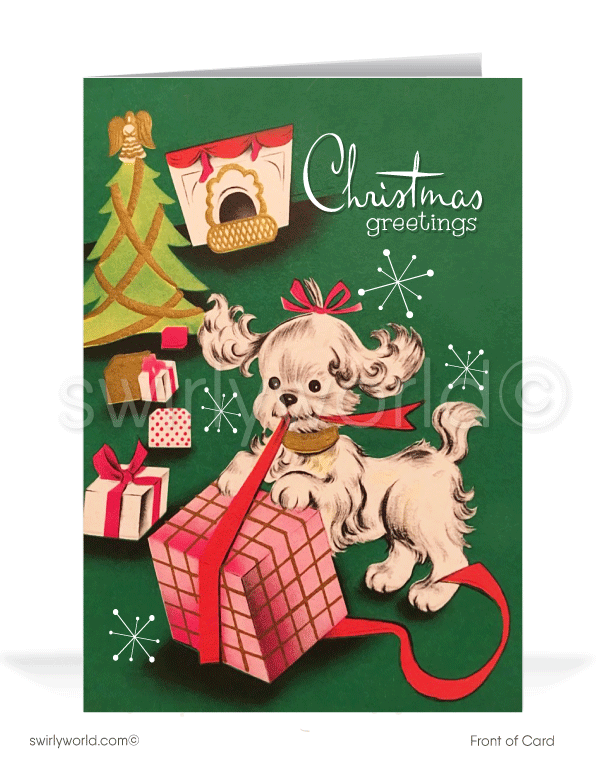 1950's style atomic mid-century modern vintage retro Merry Christmas cards. 1950s style atomic mid-century kitsch vintage retro dog Merry Christmas cards.