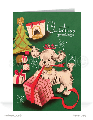 1950's style atomic mid-century modern vintage retro Merry Christmas cards. 1950s style atomic mid-century kitsch vintage retro dog Merry Christmas cards.