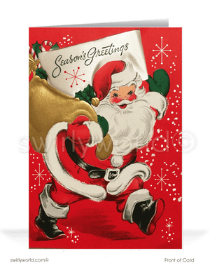 1950's mid-century vintage retro Santa Claus Merry Christmas greeting card.