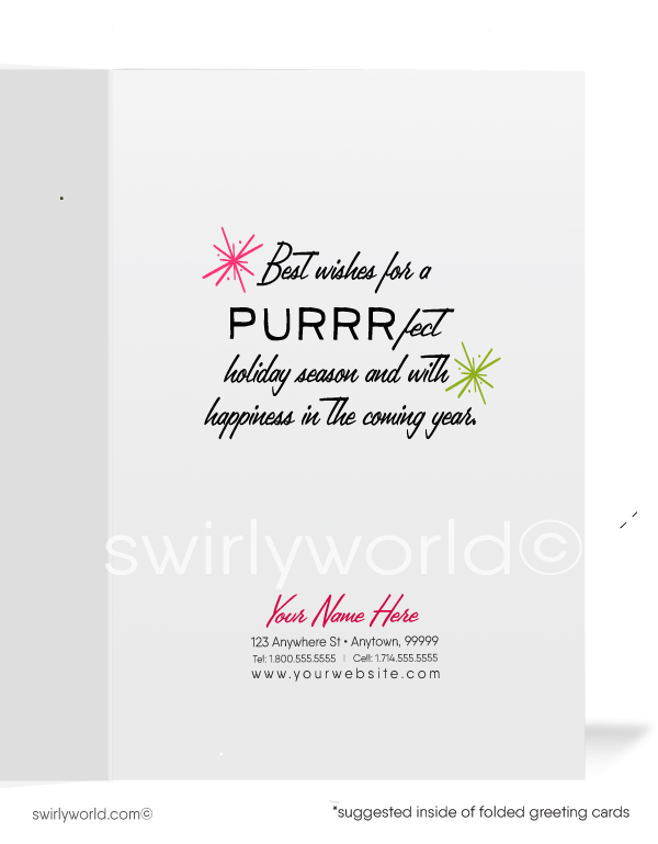 1960s cute kitschy kitty cat sleeping Merry Christmas vintage mid-century retro printed holiday cards.