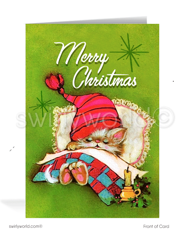 1960s cute kitschy kitty cat sleeping Merry Christmas vintage mid-century retro printed holiday cards.