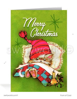 1960s cute kitschy kitty cat sleeping Merry Christmas vintage mid-century retro printed holiday cards.