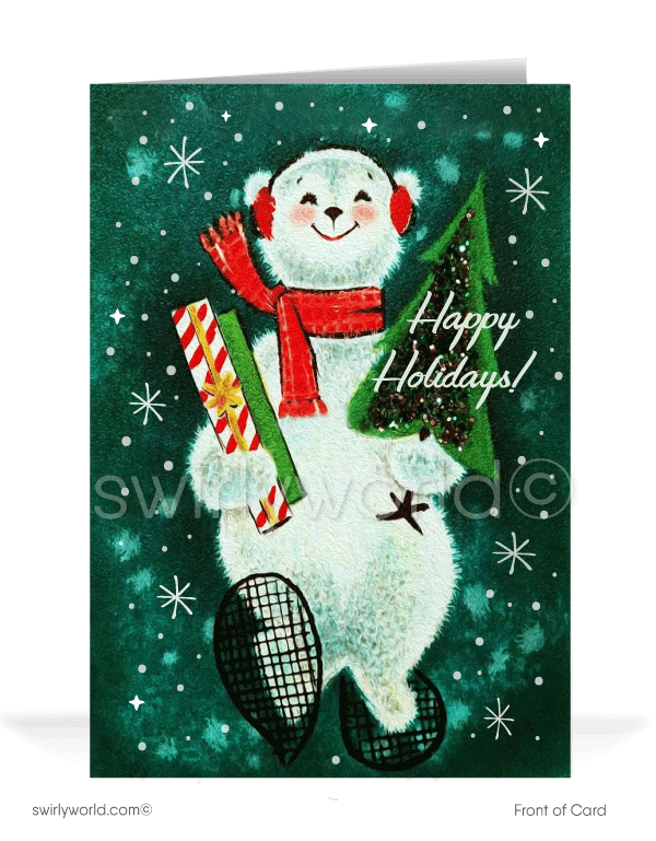 Celebrate the atomic age with a vintage Christmas card featuring Frosty the Snowman, a retro tree, starbursts, and snowflakes in 1960s mid-century style!Cards