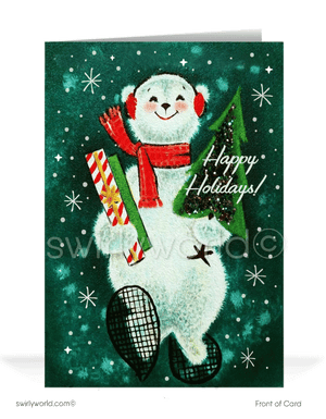 Celebrate the atomic age with a vintage Christmas card featuring Frosty the Snowman, a retro tree, starbursts, and snowflakes in 1960s mid-century style!Cards