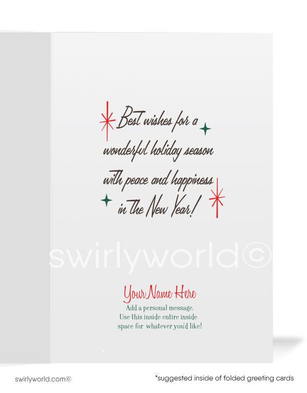 Celebrate the atomic age with a vintage Christmas card featuring Frosty the Snowman, a retro tree, starbursts, and snowflakes in 1960s mid-century style!Cards