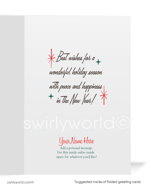 intage Atomic Age Christmas Card - 1960s Mid-Century Frosty the Snowman with Retro Tree, Starbursts & Snowflakes