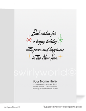 Vintage Christmas Card – Kitschy Stocking with Candy Canes, Holly & Atomic Starbursts, Mid-Century Holiday Design