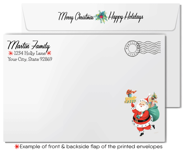 Vintage Christmas Card - 1950s Santa in Mid-Century Living Room with Fireplace & Tree, Retro Holiday Greeting