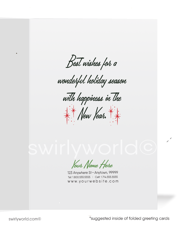 1950s kitsch vintage mid-century style old fashioned Santa Claus with Christmas tree retro holiday cards.