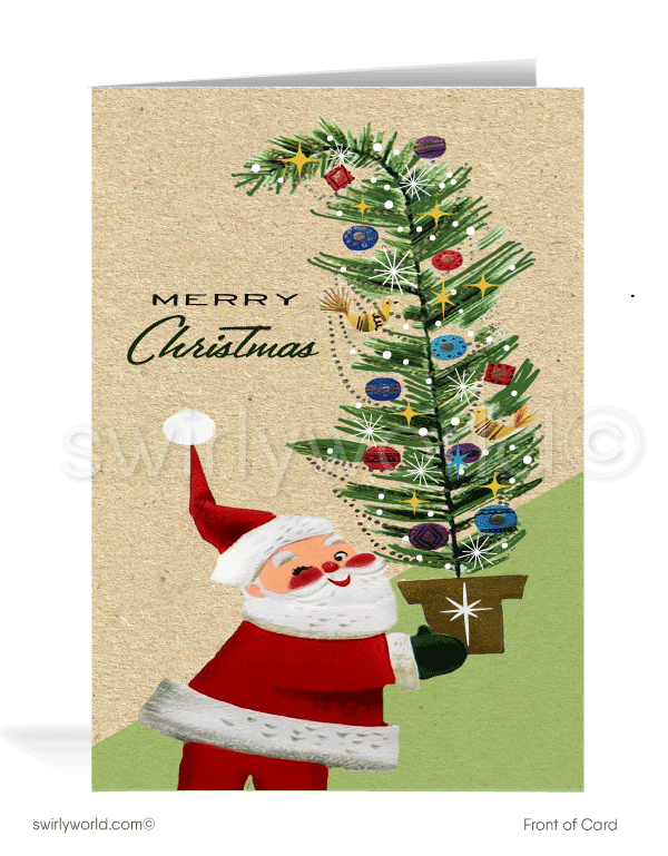 1950s kitsch vintage mid-century style old fashioned Santa Claus with Christmas tree retro holiday cards.