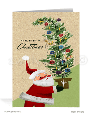 1950s kitsch vintage mid-century style old fashioned Santa Claus with Christmas tree retro holiday cards.
