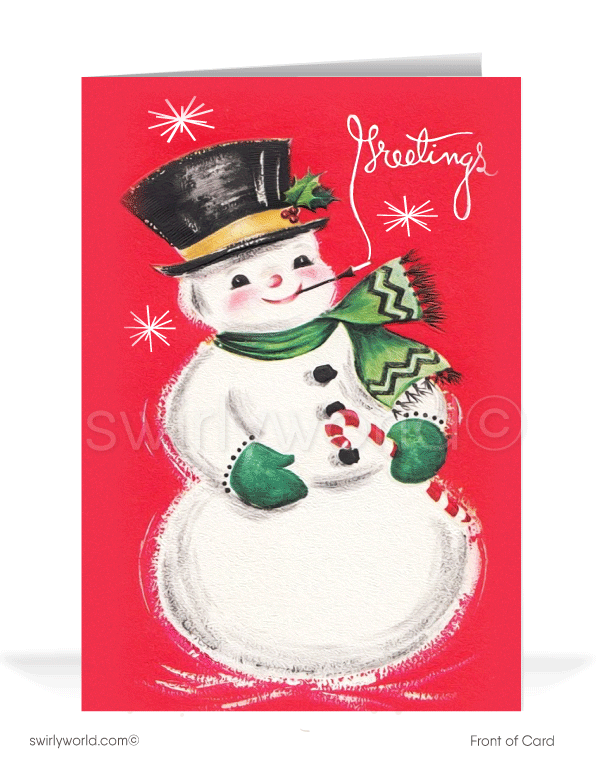 Retro 1950's style mid-century modern Snowman Christmas holiday greeting cards.