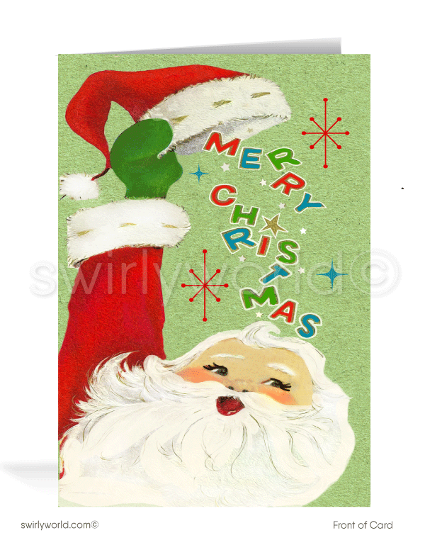 1950s Style Vintage Mid-Century Retro Santa Claus Merry Christmas Holiday Cards