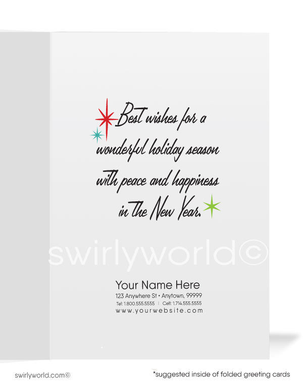 1950s Mid-Century Style Vintage Christmas Tree Starbursts Retro Merry Christmas Holiday Cards.